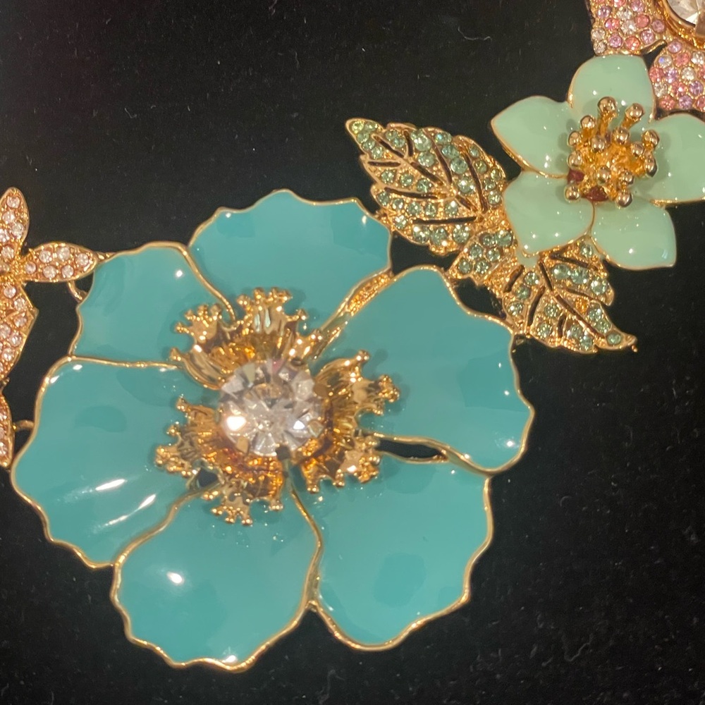 Floral Statement Necklace , multicolored enameled flowers and Gold tone Chain.